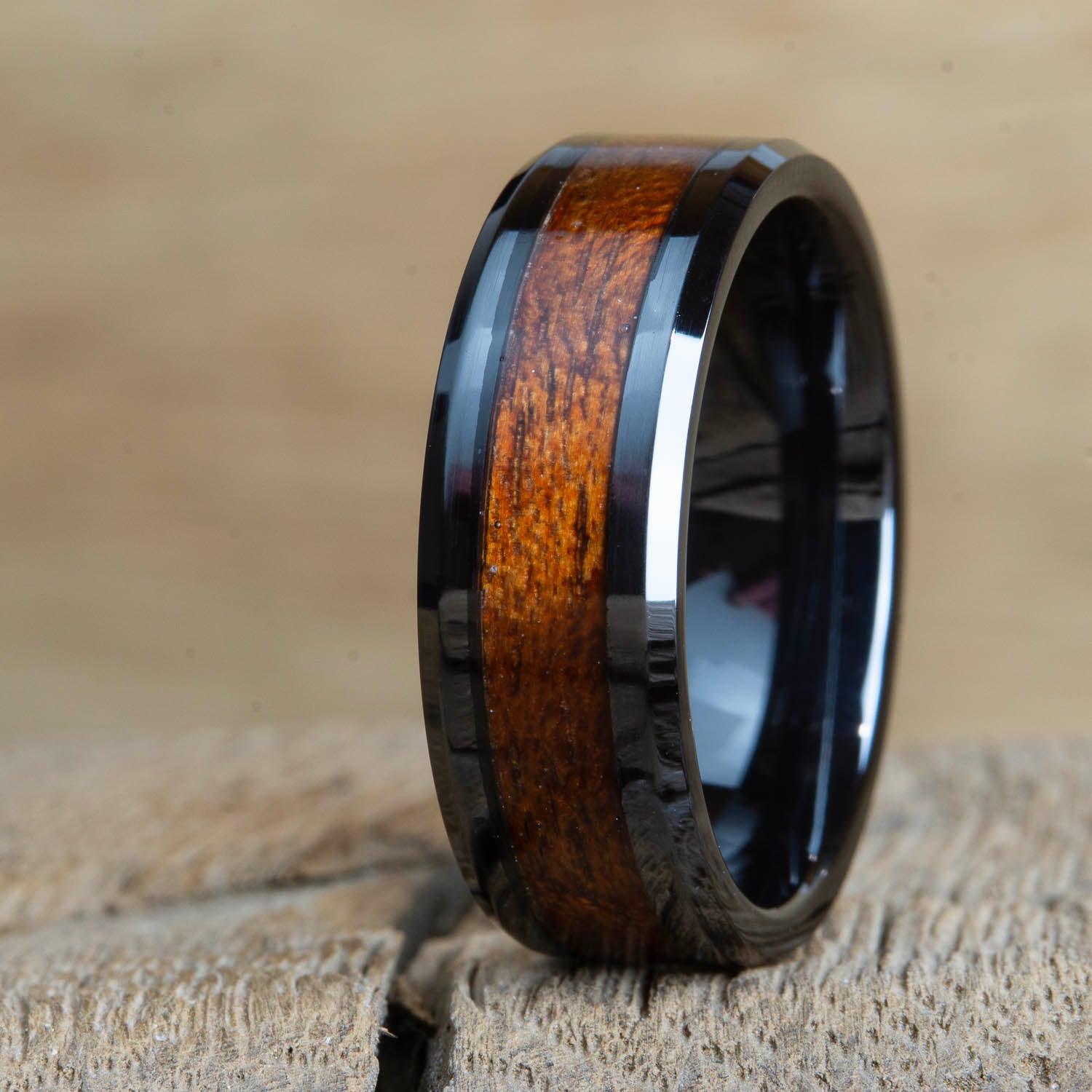 black ring with Acacia wood inlay
