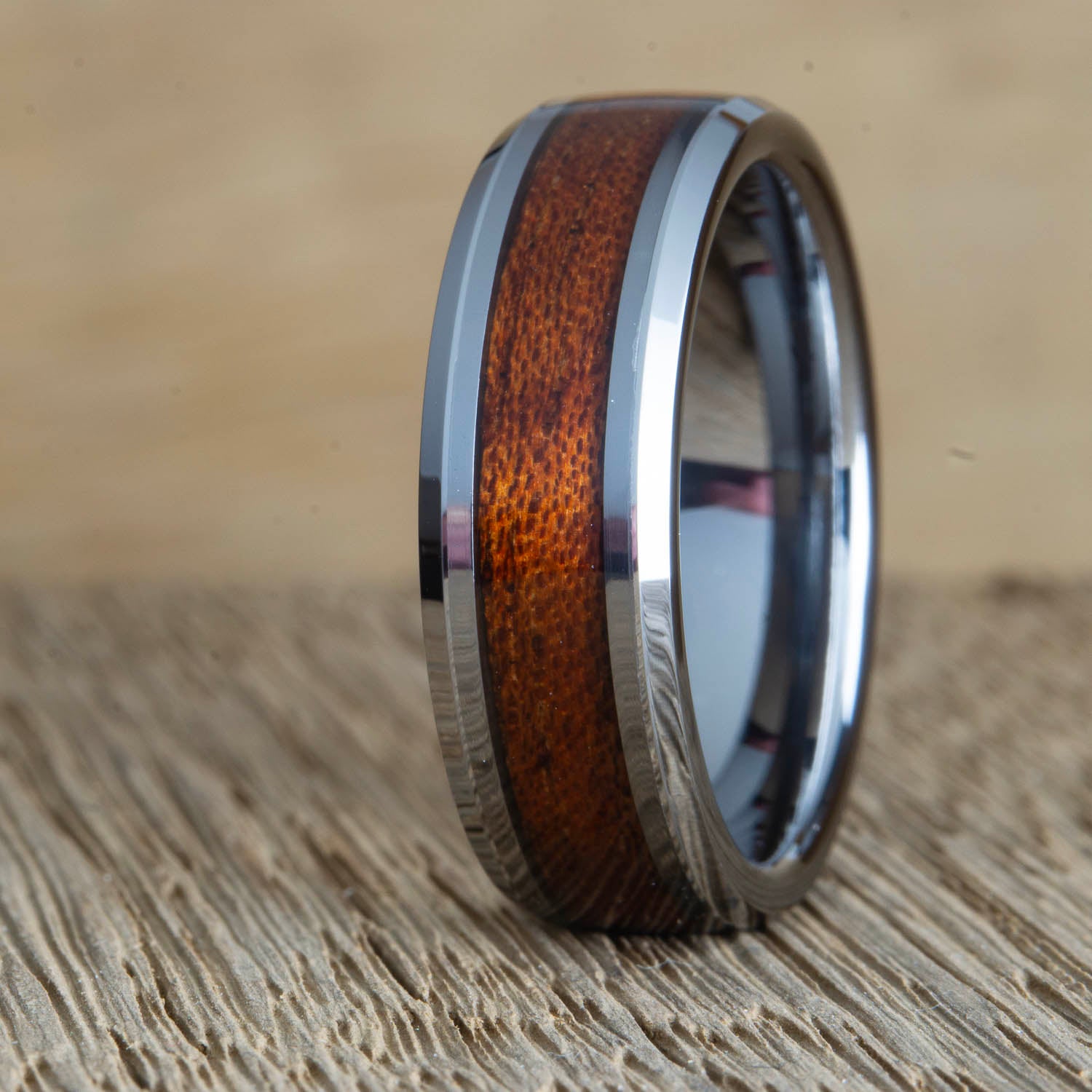 Mens tungsten wedding band or ring with Acacia wood inlay