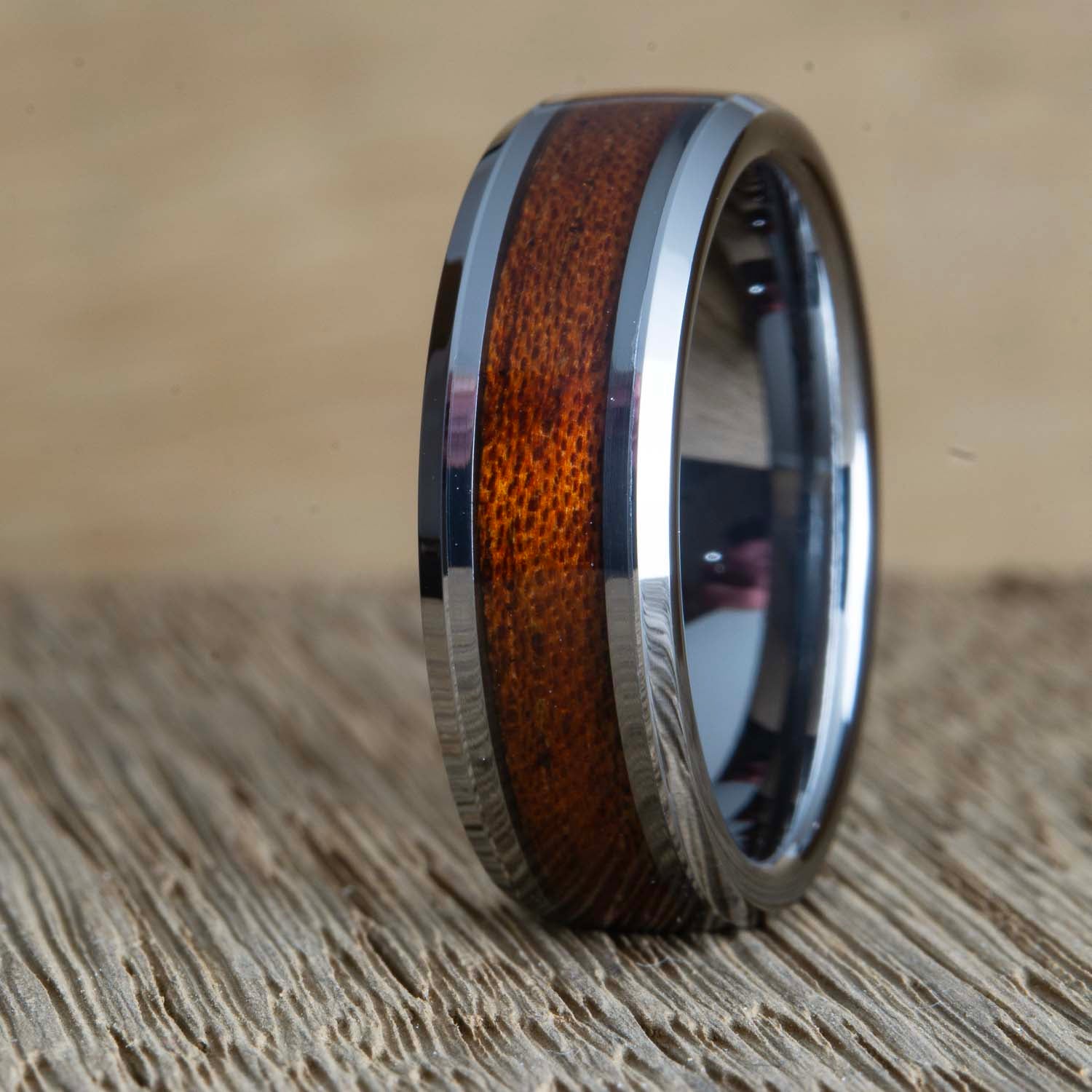 "The Woodsman" Beveled edge Tungsten ring with Acacia wood inlay