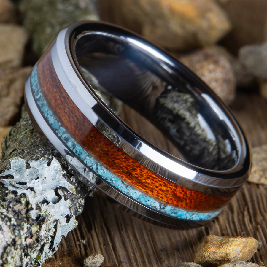 turquoise and Acacia wood wedding band tungsten