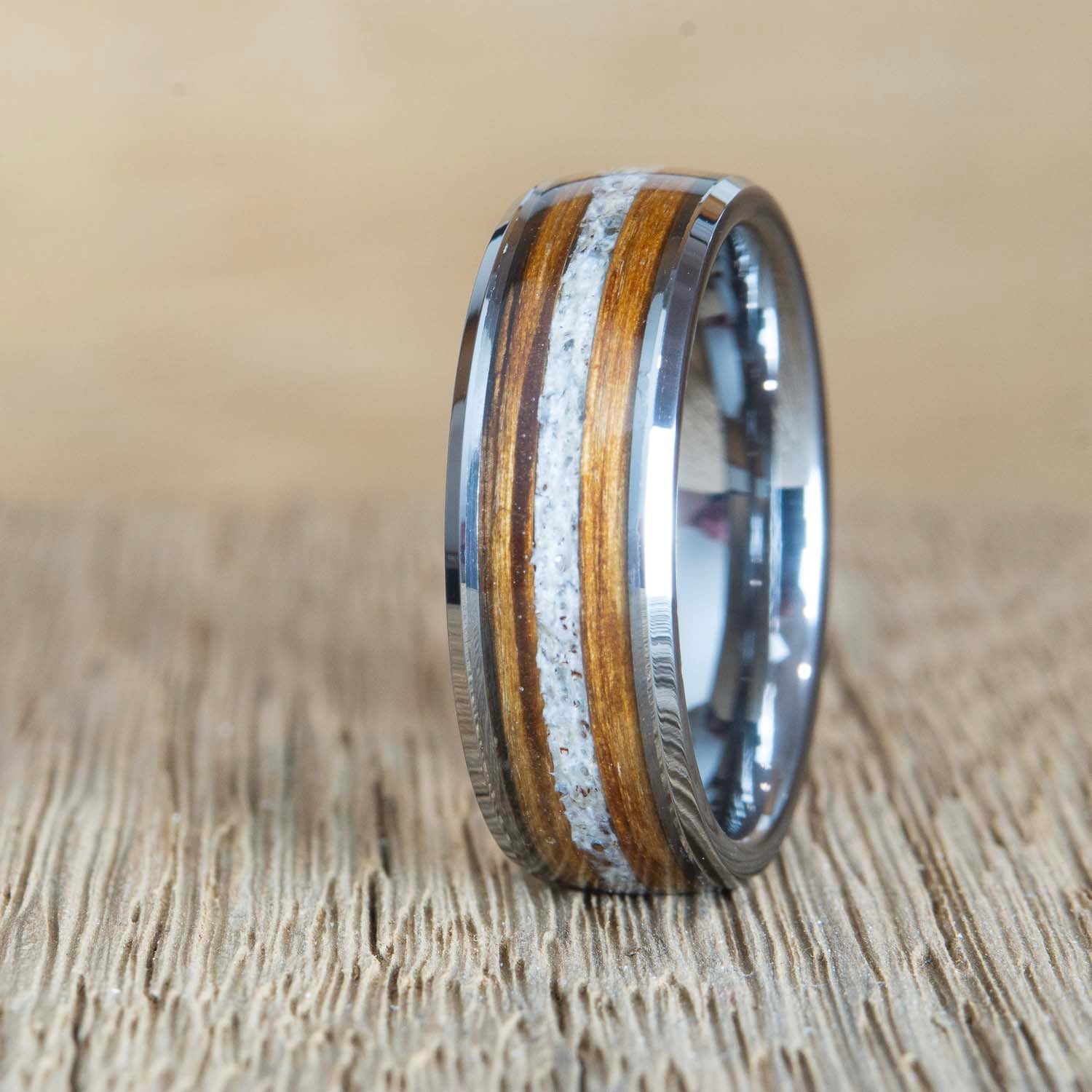 "Deer Camp" Hunter's wedding ring with Whiskey barrel wood and Antler