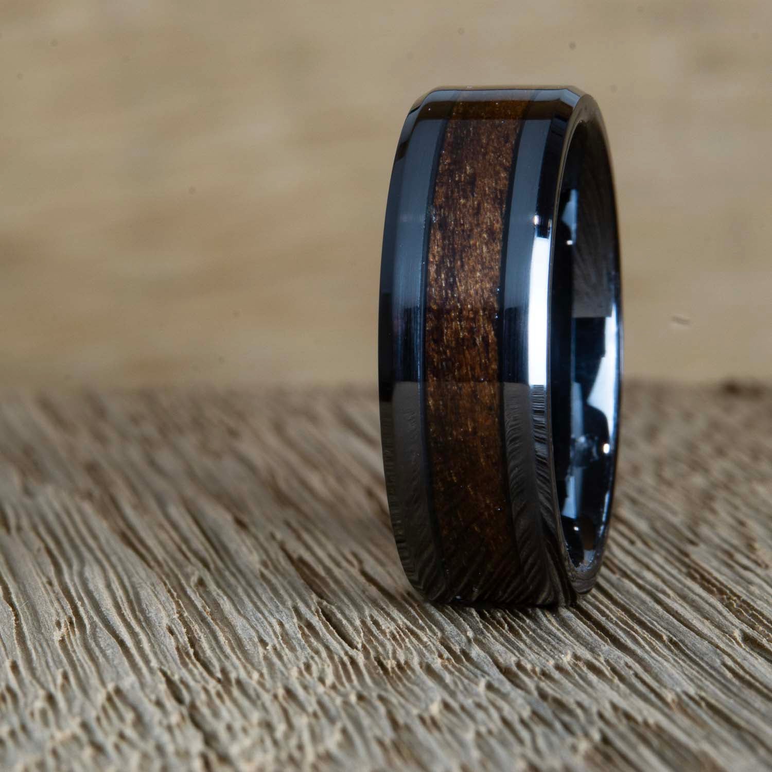 "The Forest" 8mm black wedding band with Walnut