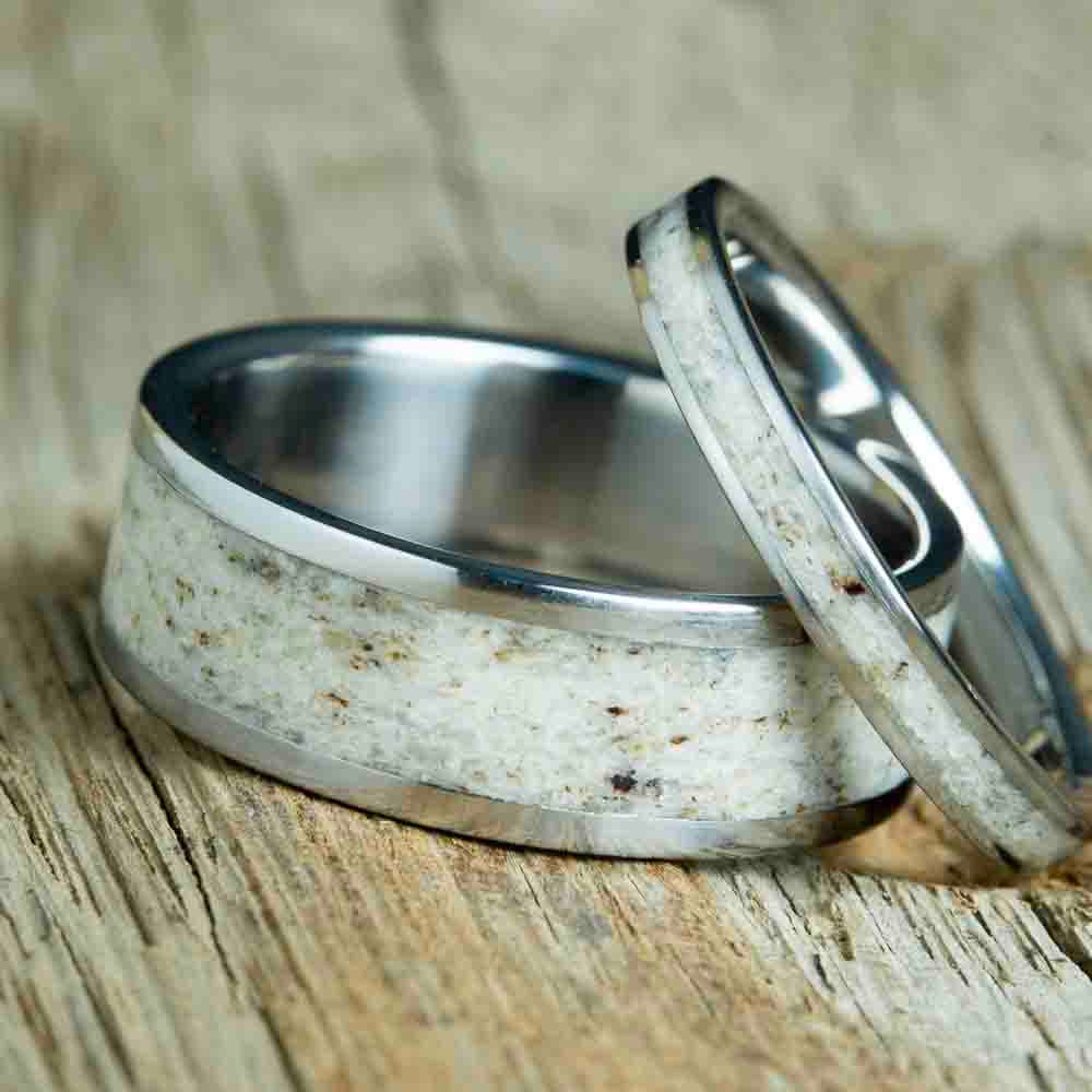 Antler wedding band set titanium rings
