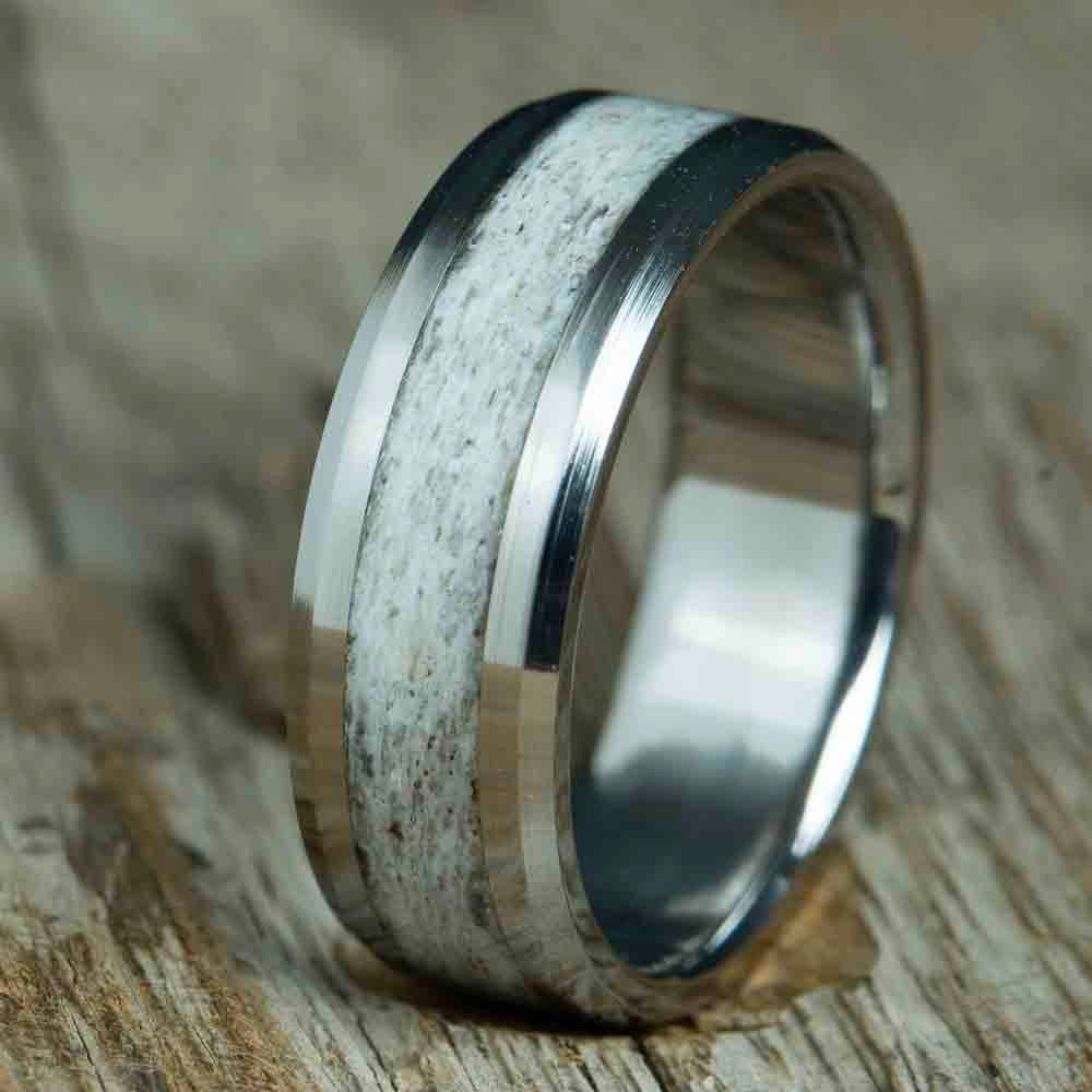 Antler ring with beveled titanium 8mm wide