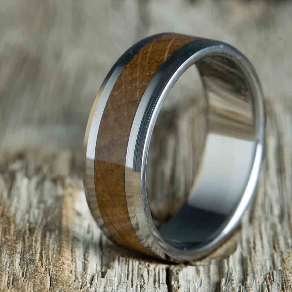 Mens wedding band with Whiskey barrel wood inlay-beveled edge