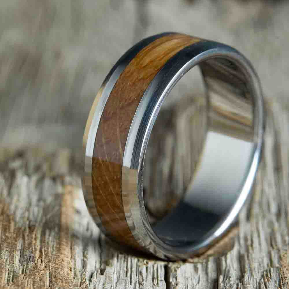 Mens wedding band with Whiskey barrel wood inlay-beveled edge