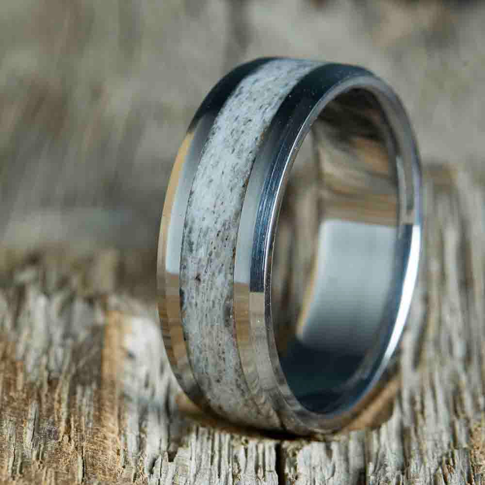 8mm beveled edge titanium and Antler ring