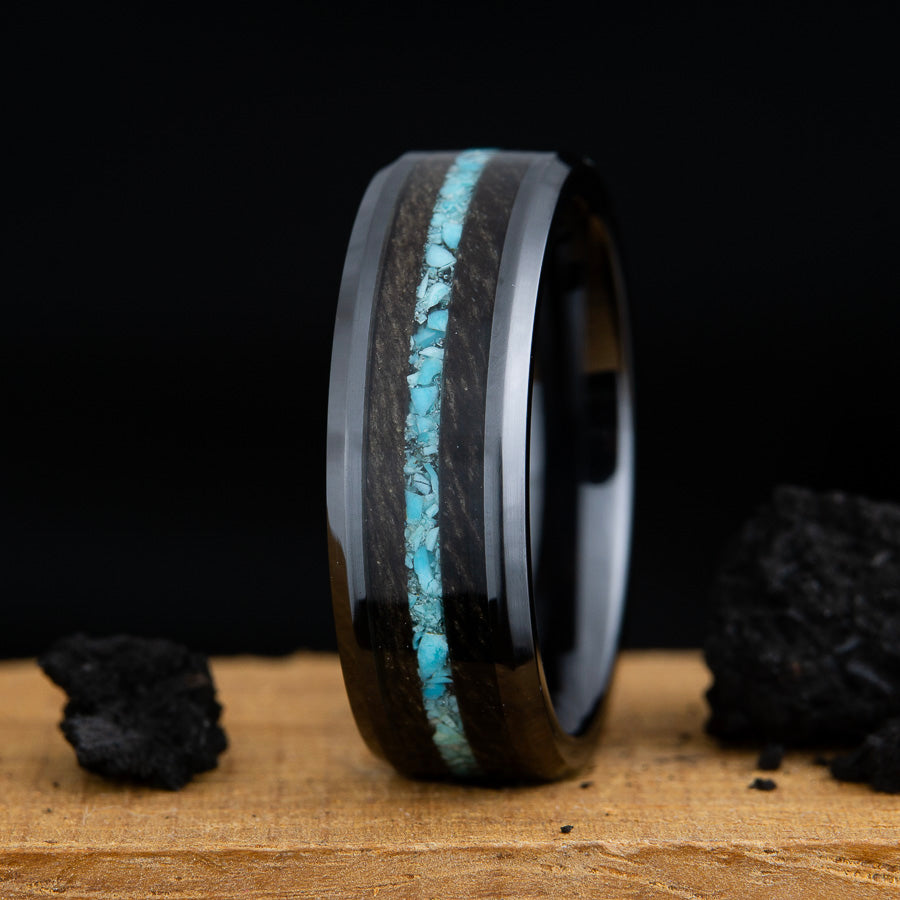 black ring with grey wood and turquoise inlay