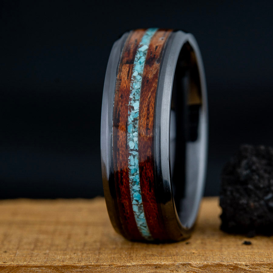 Black ring with turquoise and Bubinga wood inlay