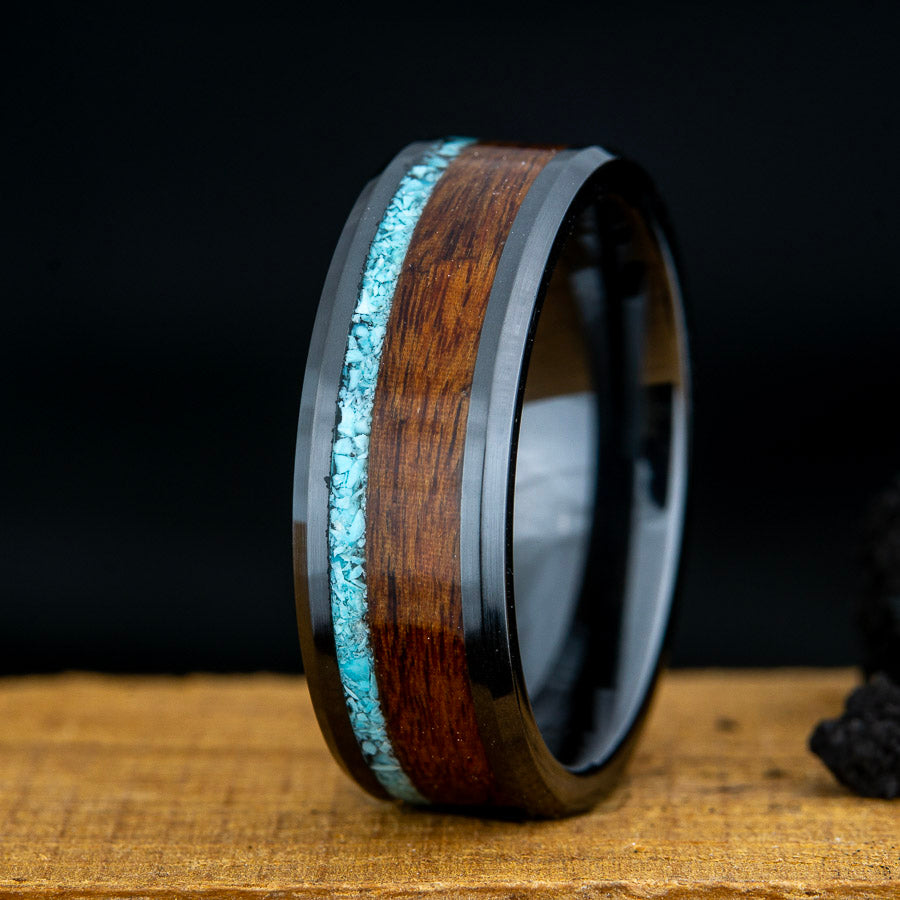 black rng with rosewood and turquoise inlay