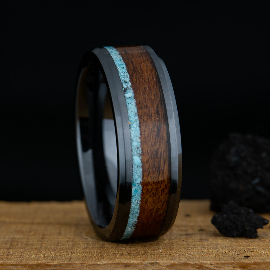 black ring with rosewood and turquoise inlay
