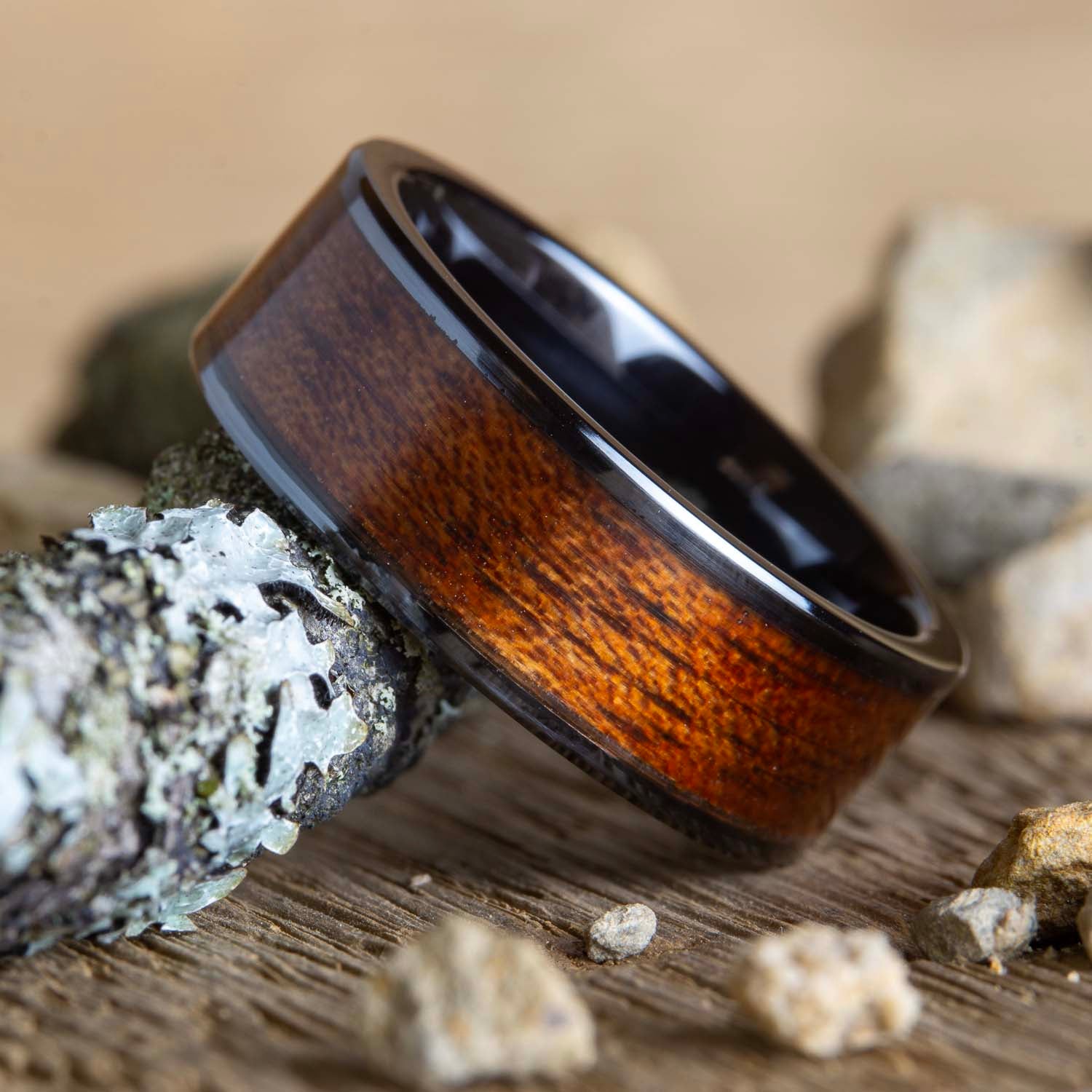 8mm black ring with wide acacia inlay