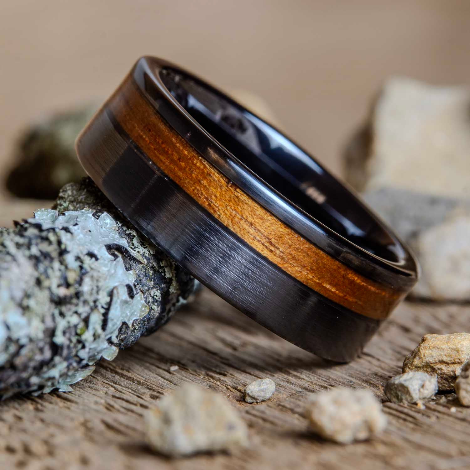 Offset Koa wood inlay black ring or wedding band