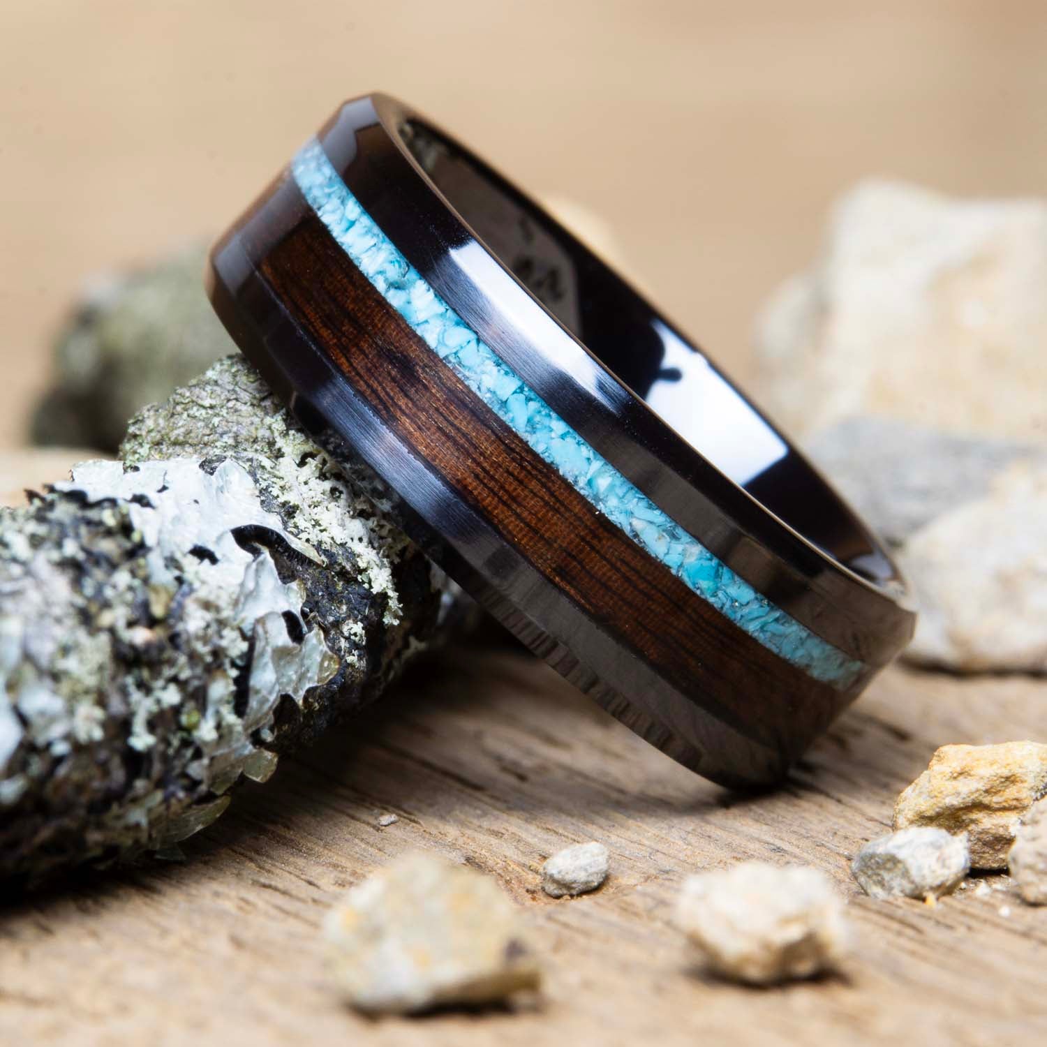Rosewood and turquoise black ring