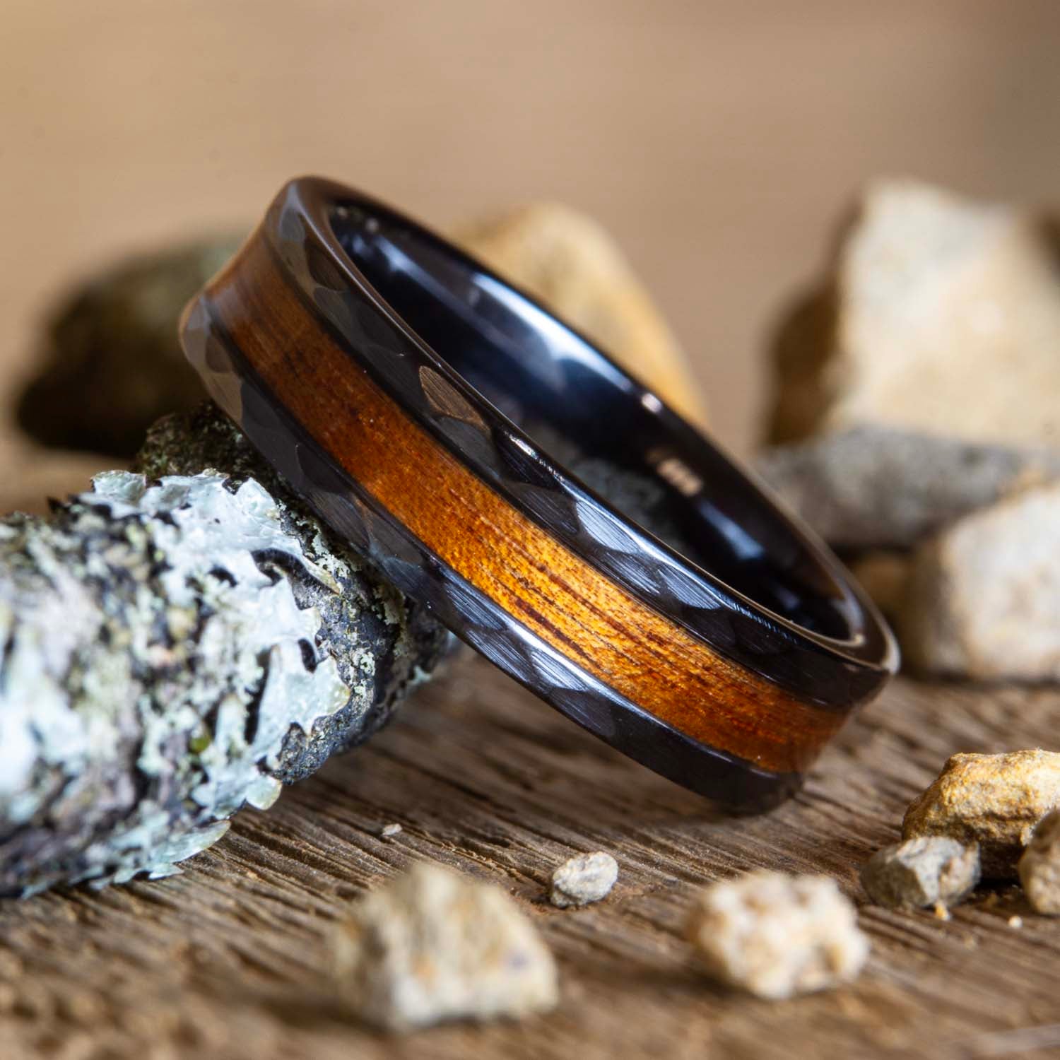 Hammered black ring with Koa wood inlay