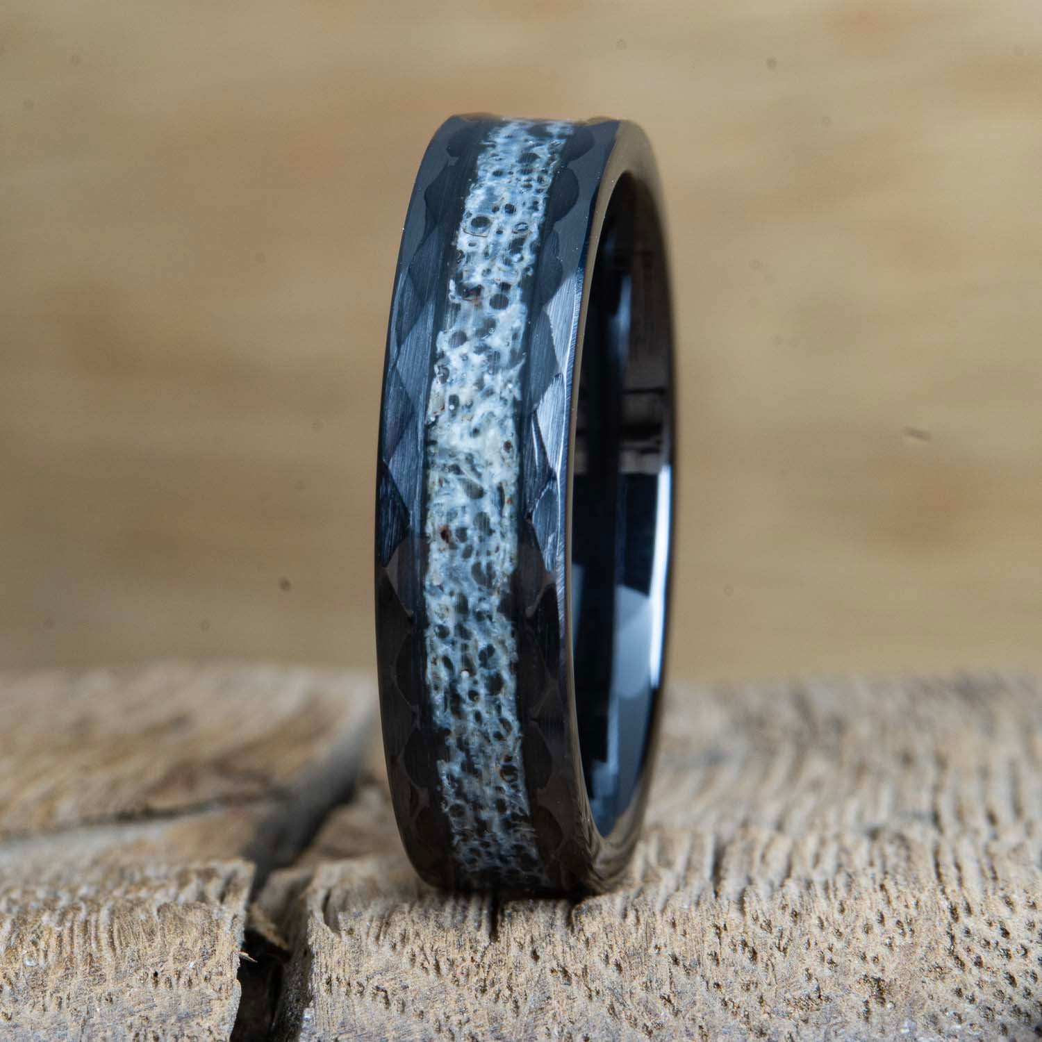 Black hammered wedding band with Antler inlay