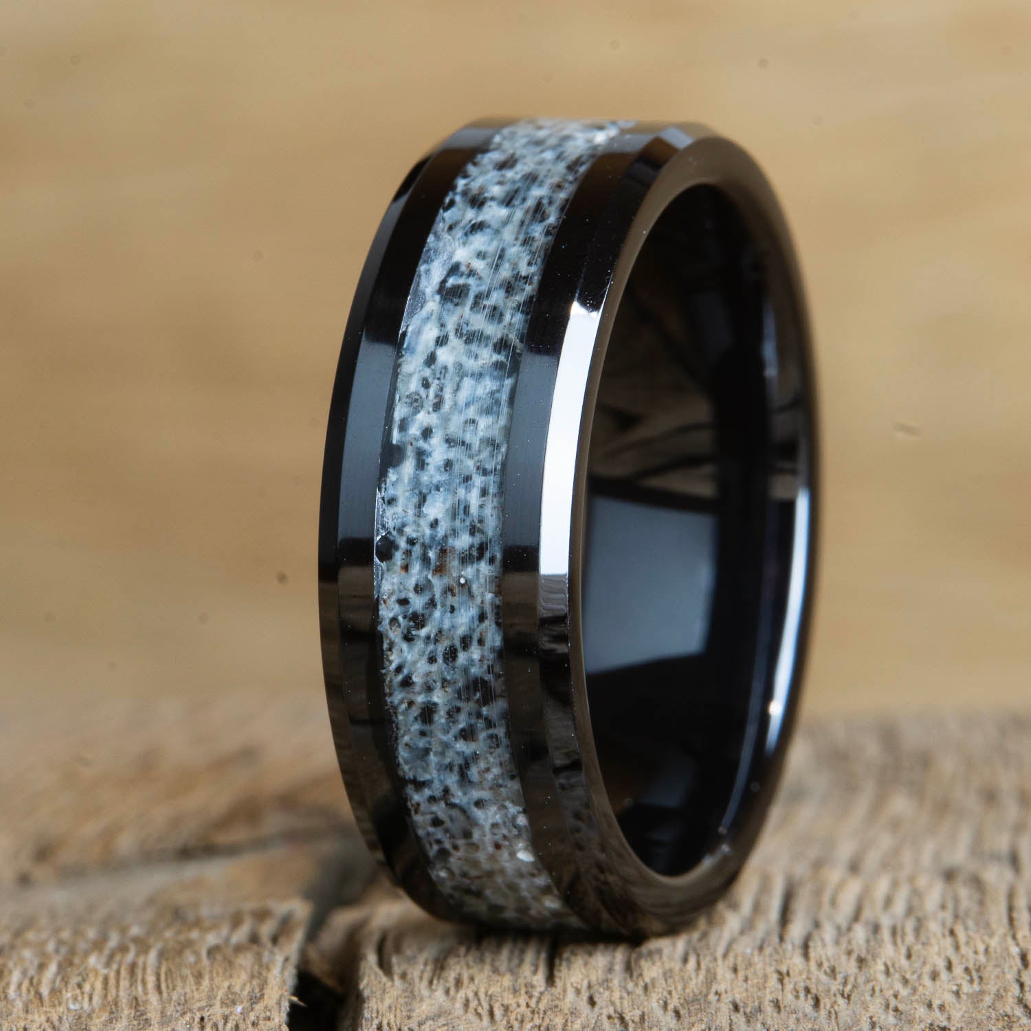 black beveled edge ring with Antler inlay