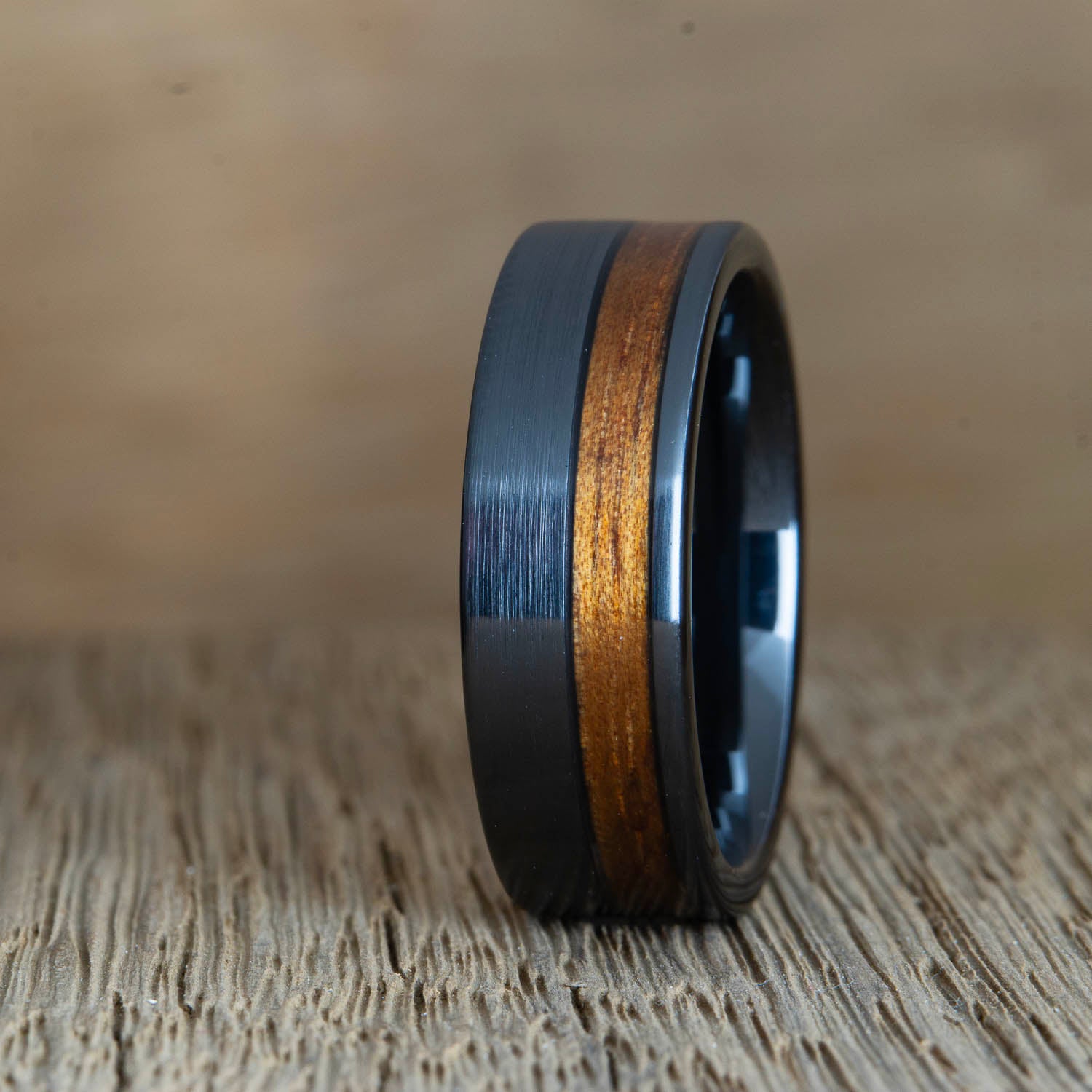brushed black ring with Koa wood inlay