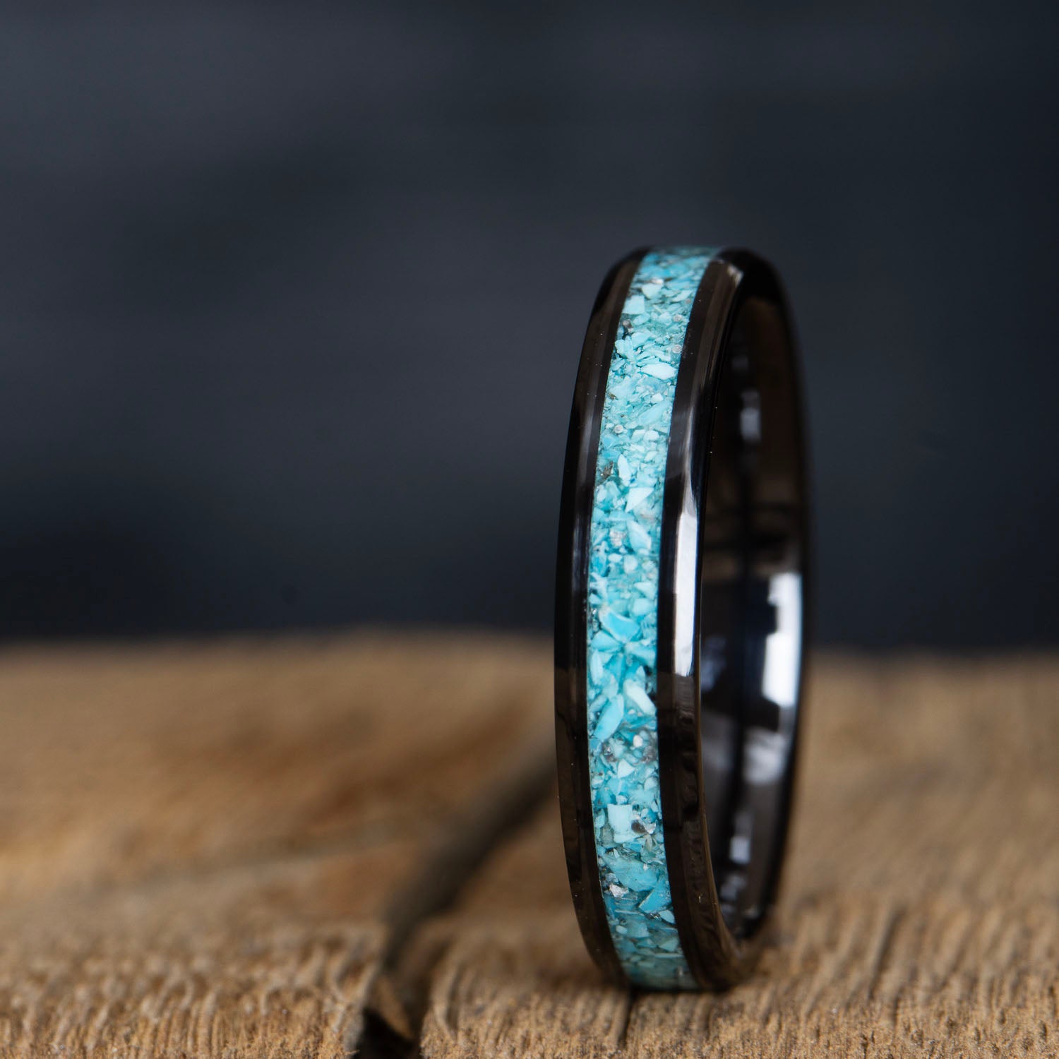 black ceramic wedding ring with turquoise stone inlay