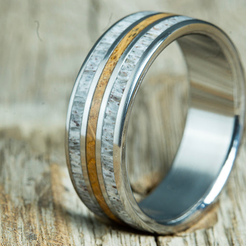 Bourbon barrel wood ring with Deer antler 