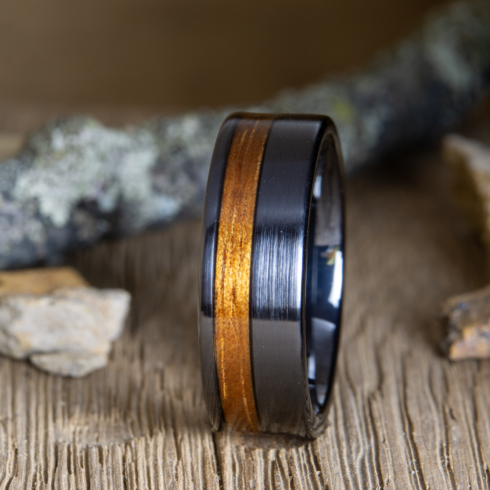 brushed black titanium ring with koa wood 