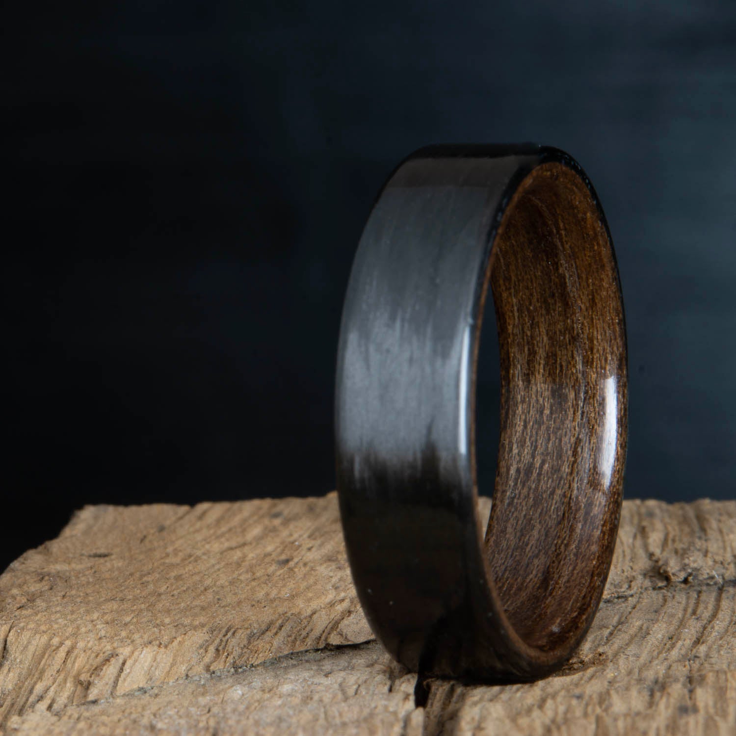 carbon fiber ring- black carbon ring with walnut wood