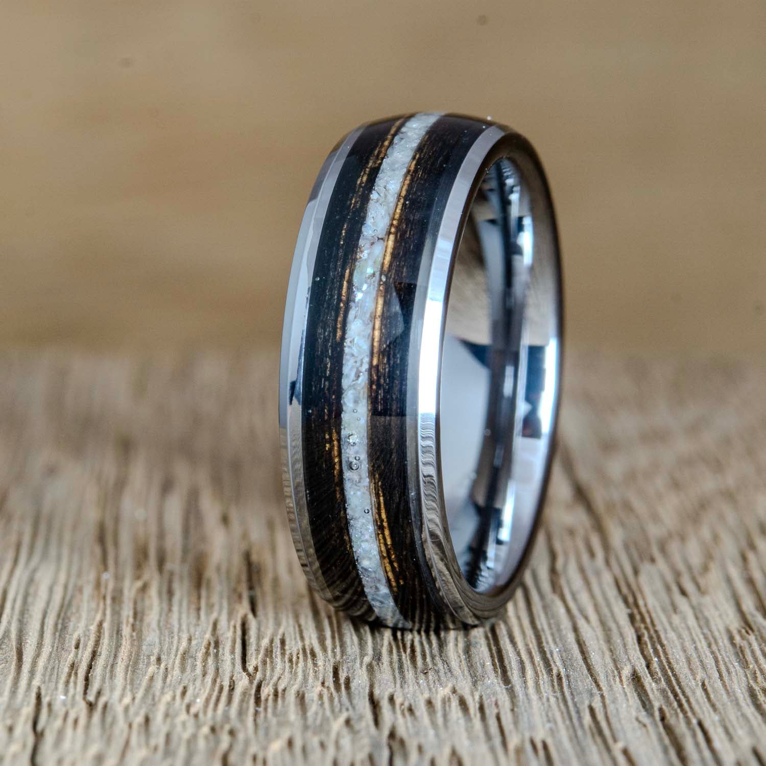 "Bourbon&Pearl" Charred Bourbon barrel wood and mother of pearl inlay tungsten ring