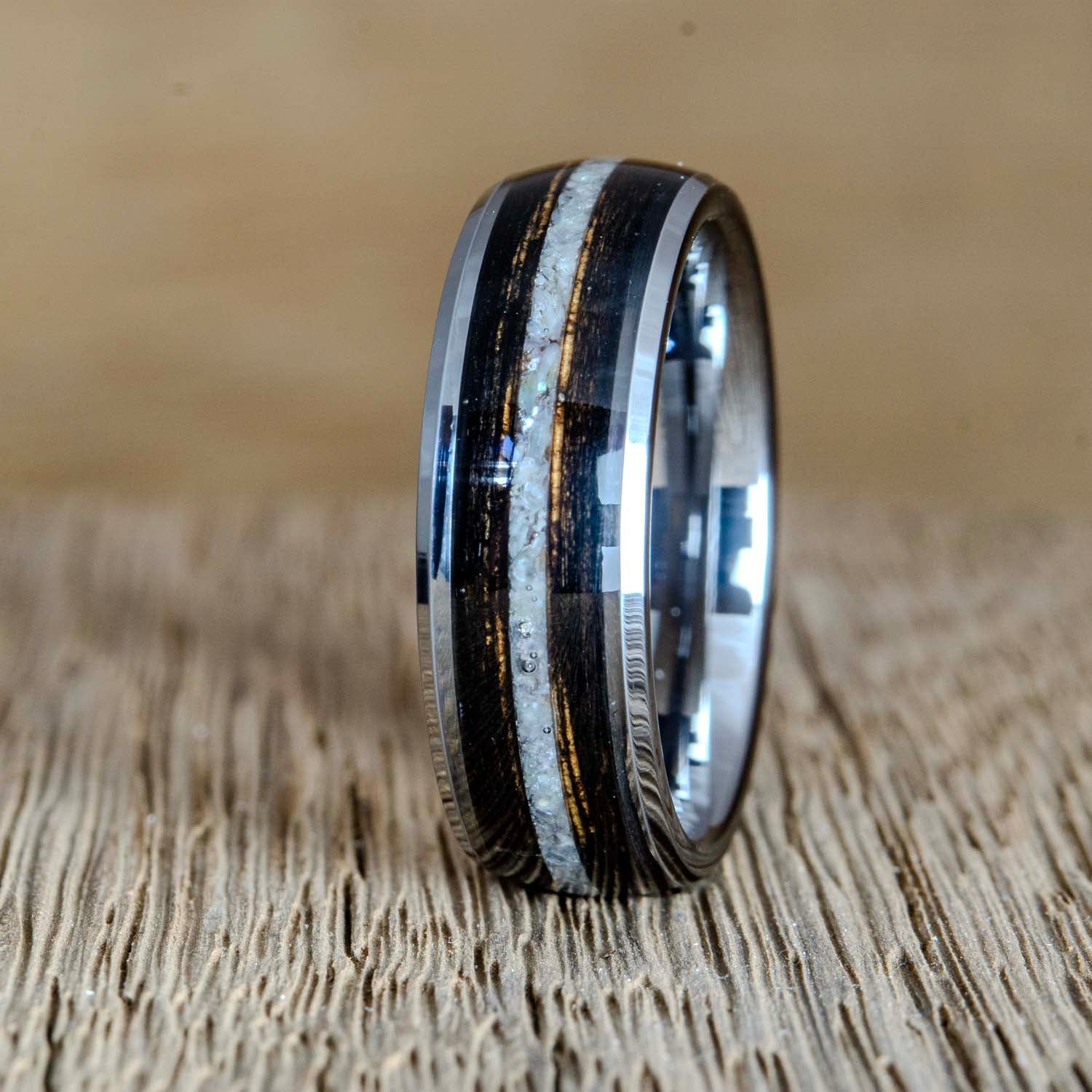 charred bourbon barrel mens ring with mother of pearl inlay
