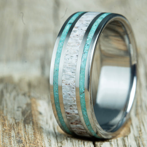 double pinstripe Turquoise wedding band with deer antler center inlay