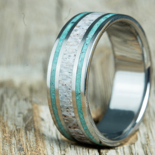 double pinstripe Turquoise wedding band with deer antler center inlay