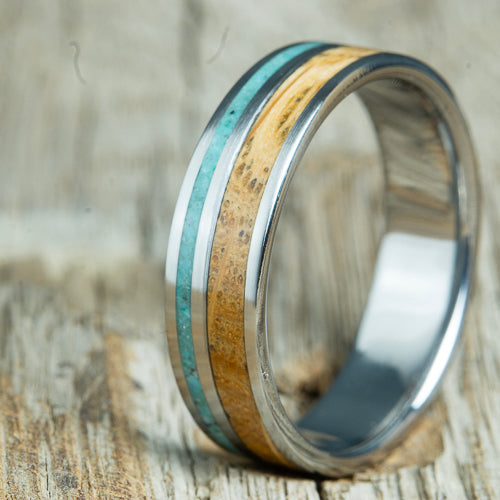 Wedding rings with turquoise and whiskey barrel wood