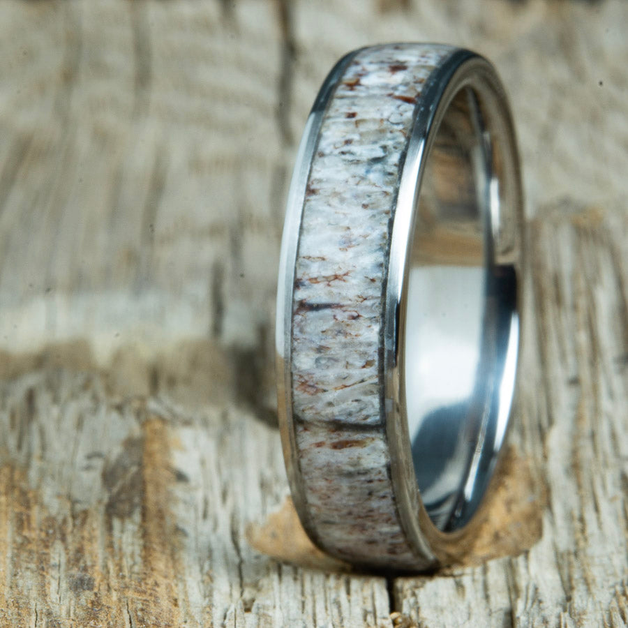 deer antler 6mm custom made by Peacefield Titanium. waterproof and polished for a super durable Antler ring