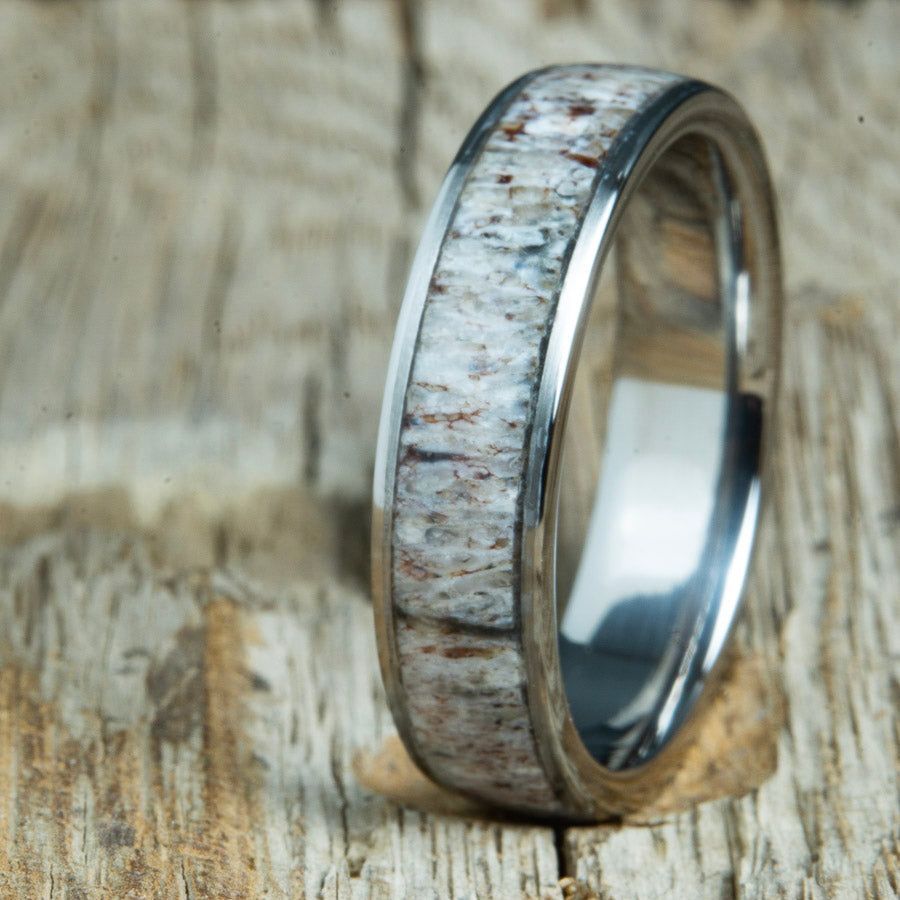 deer antler 6mm custom made by Peacefield Titanium. waterproof and polished for a super durable Antler ring