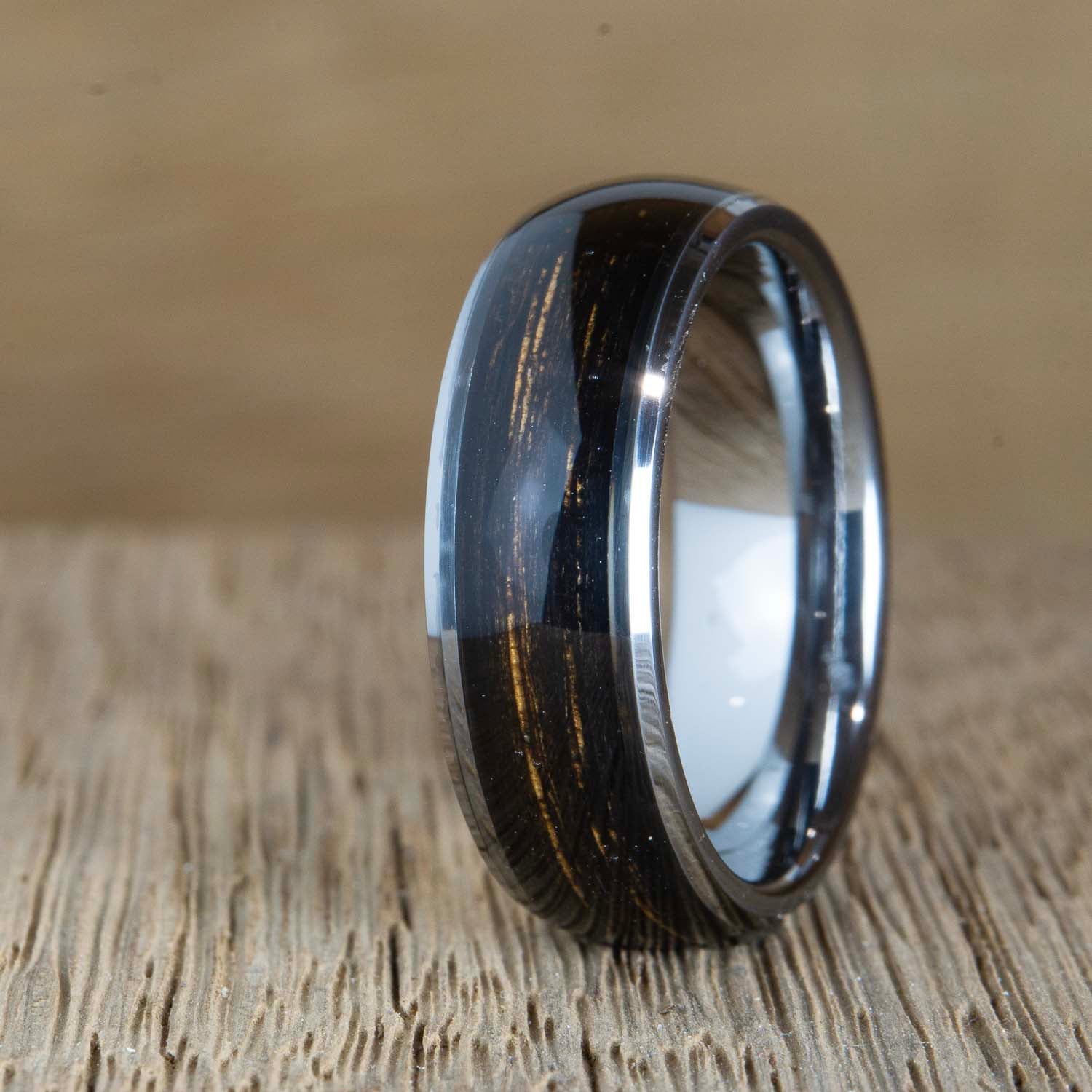 domed bourbon barrel wood ring with tungsten