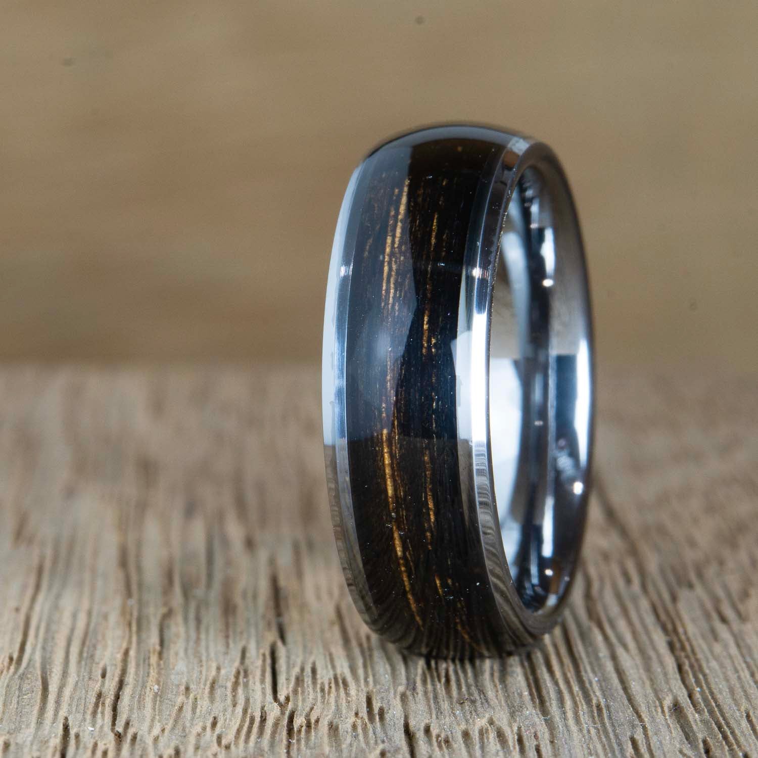 "Black Barrel" tungsten ring with charred bourbon barrel wood
