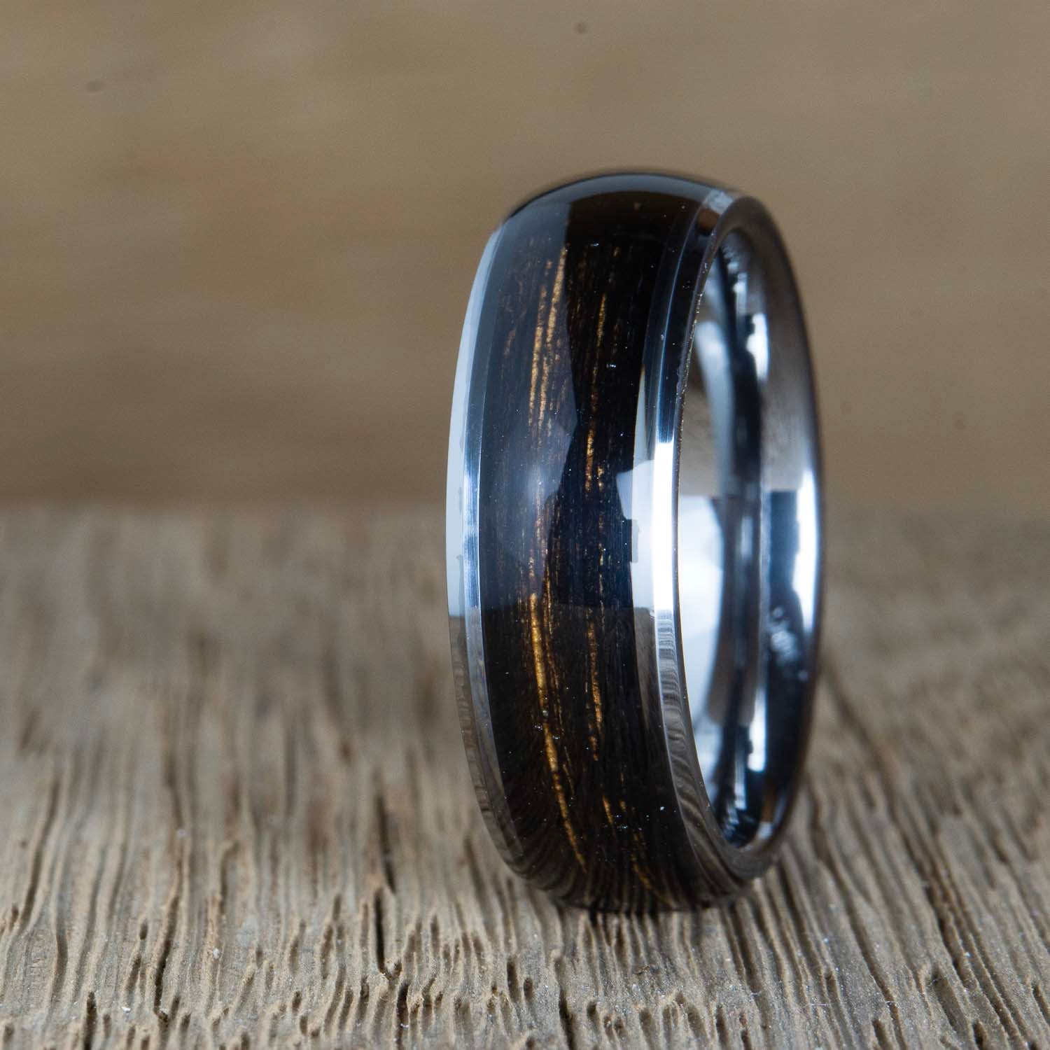 "Black Barrel" tungsten ring with charred bourbon barrel wood