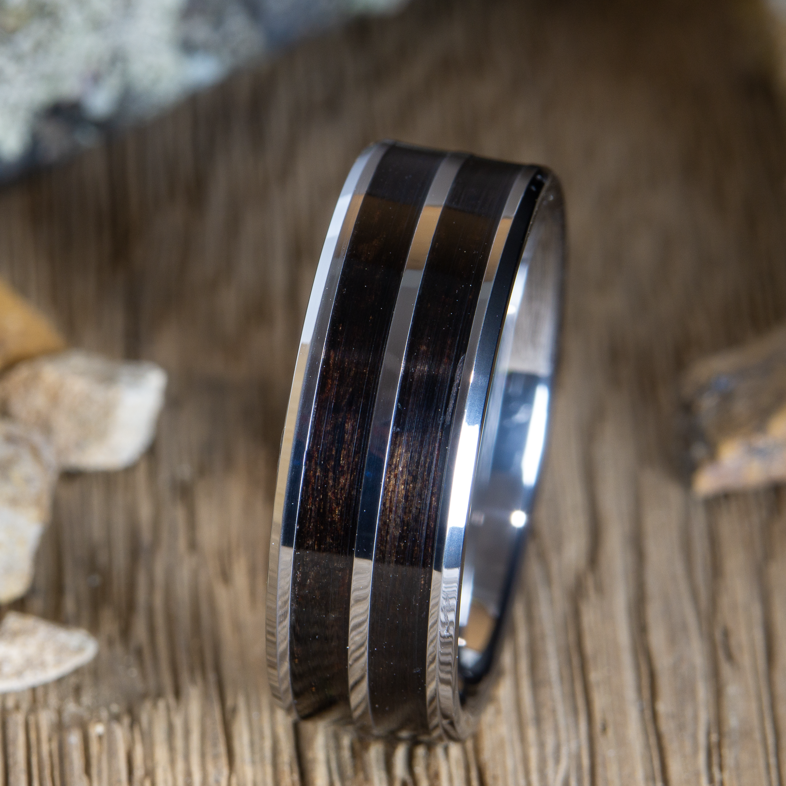 2 channel tungsten ring with ebony wood inlay