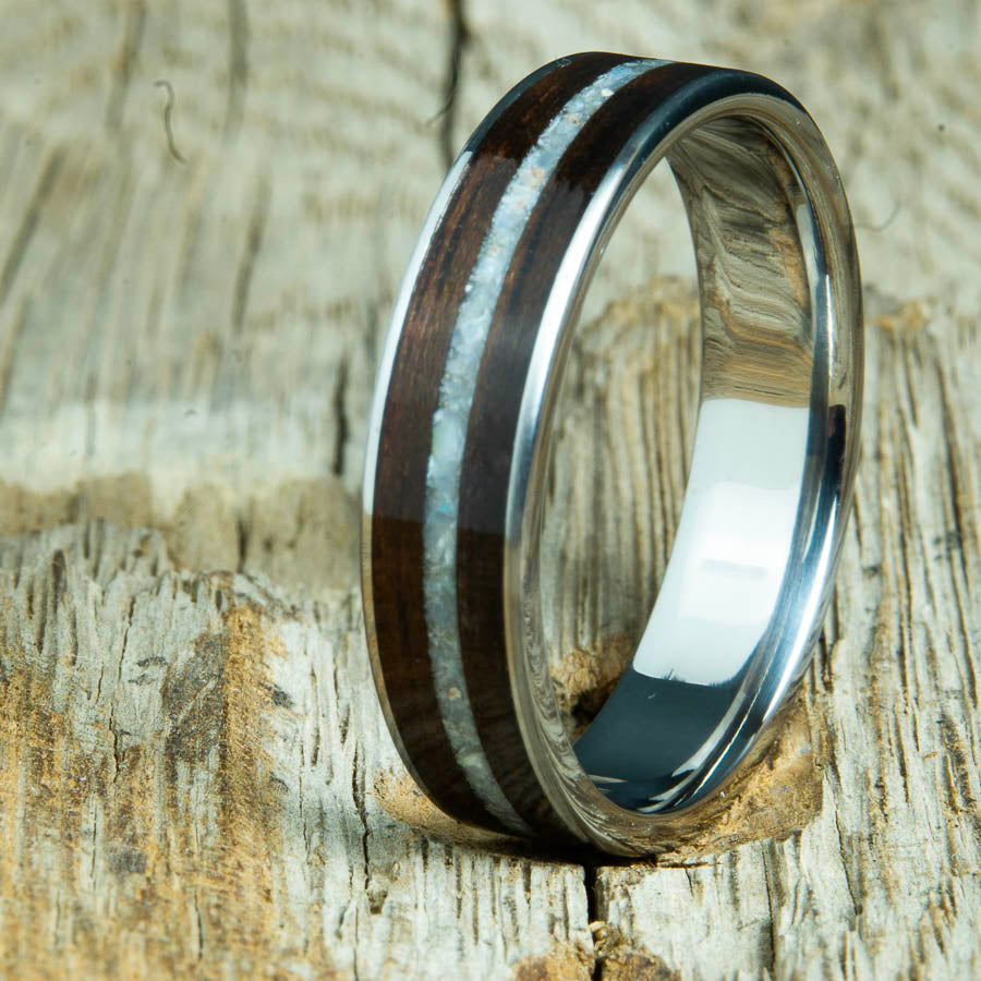 6mm wide wedding band with ebony wood and mother of pearl inlay