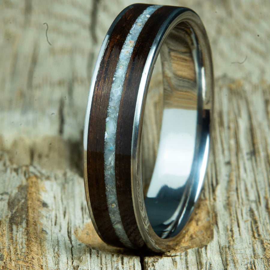 6mm wide wedding band with ebony wood and mother of pearl inlay