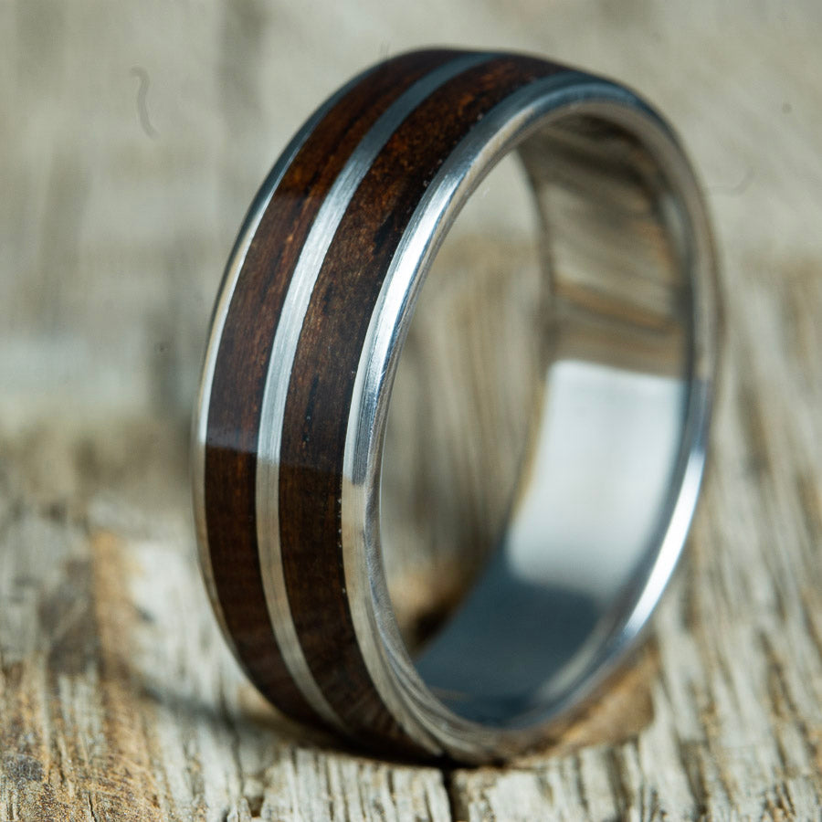 Twin Ebony wood inlay ring with titanium- 6mm domed