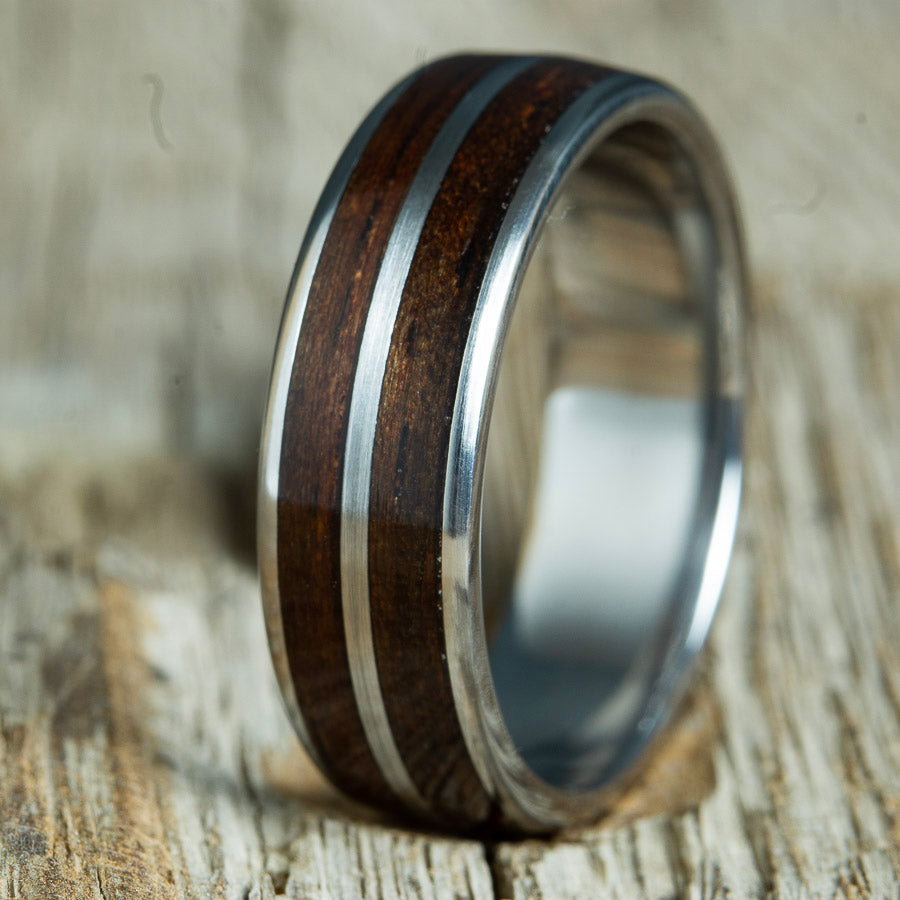Twin Ebony wood inlay ring with titanium- 6mm domed