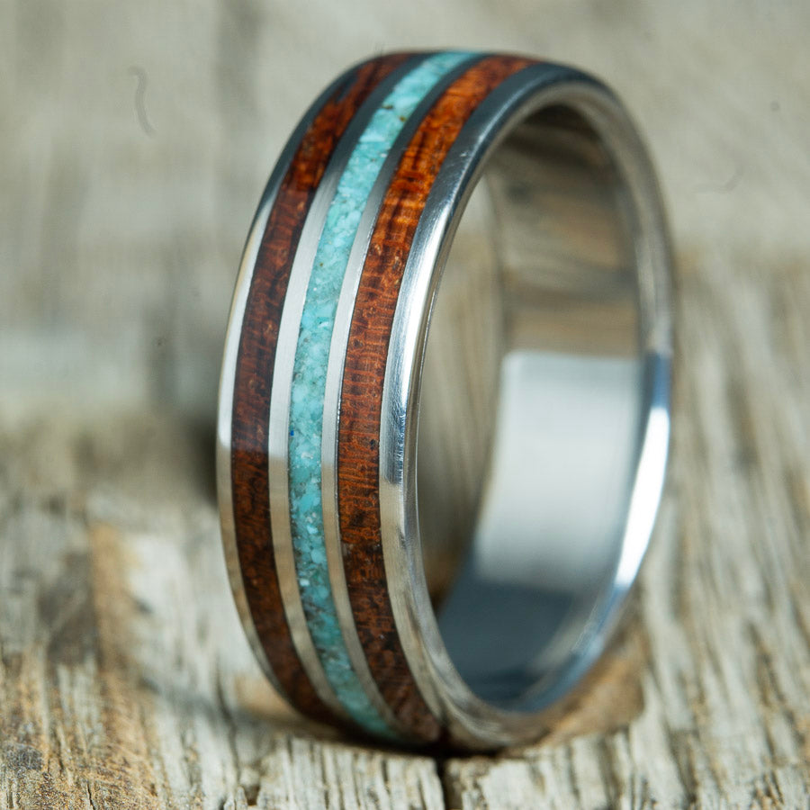 bubinga wooden ring for men with turquoise and titanium
