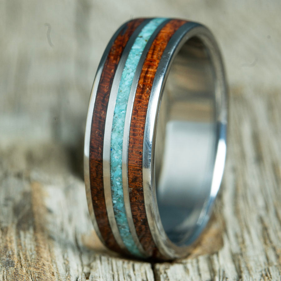 Bubinga wood and turquoise on titanium mens wooden ring