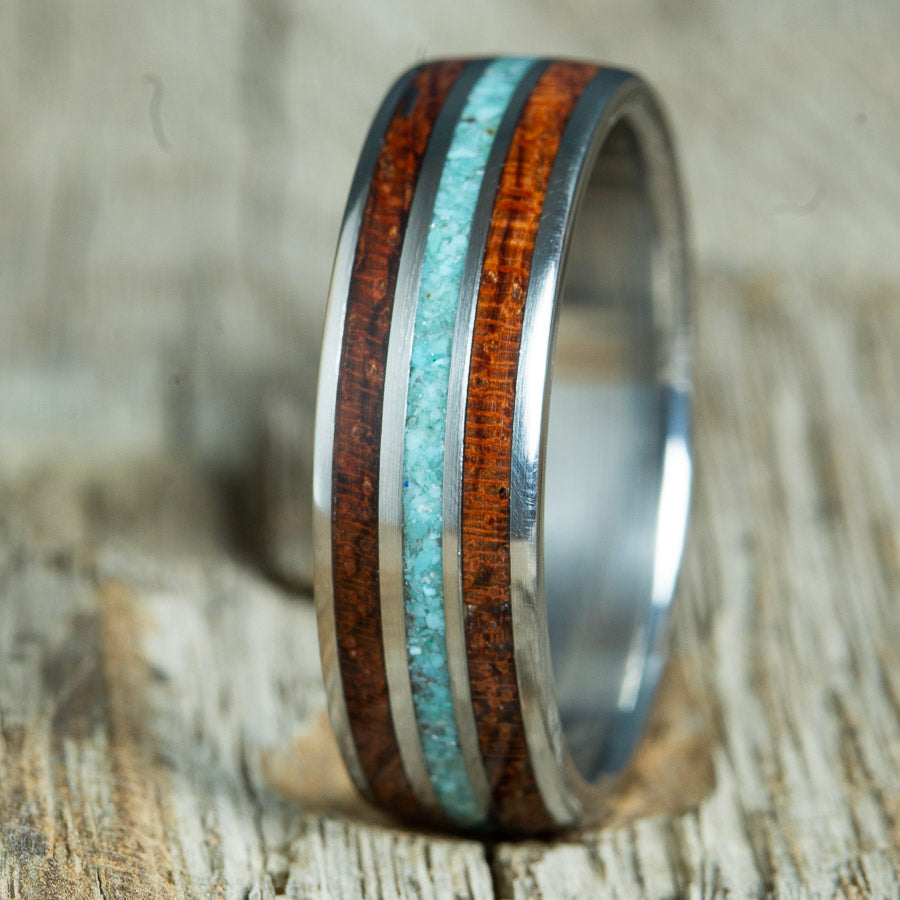 Bubinga wood and turquoise titanium mens wooden ring