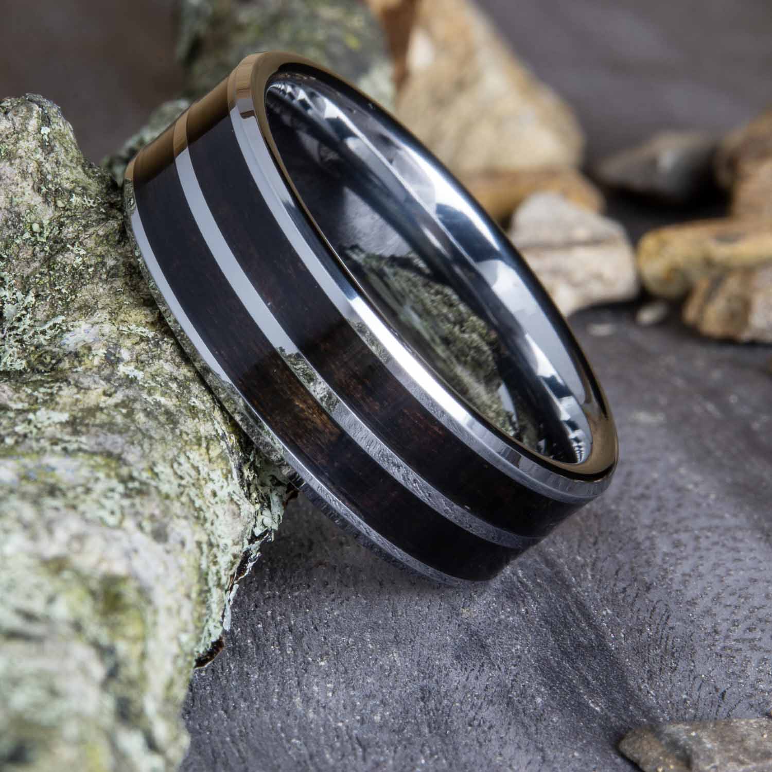 double inlay ebony and tungsten wedding band