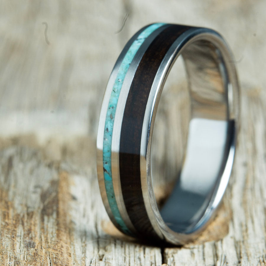 ebony wood and turquoise ring by Peacefield Titanium