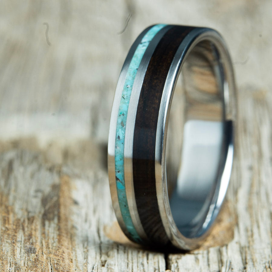 ebony wood and turquoise stripe on titanium wedding ring