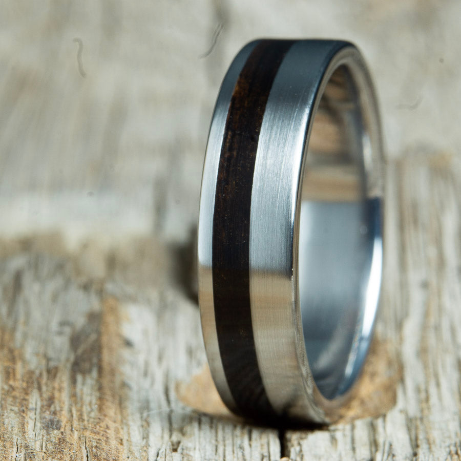 Ebony ring with offset inlay and satin titanium