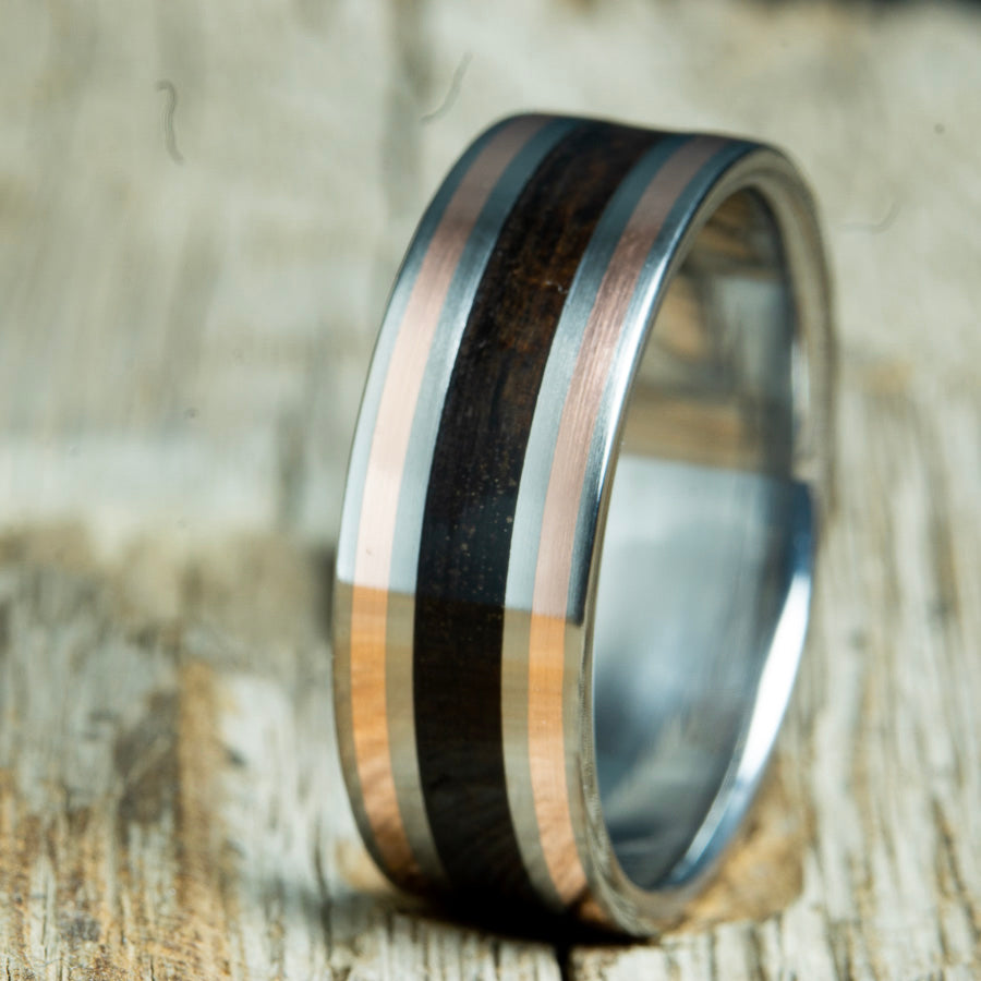 ebony wood and copper pinstripe inlay on titanium ring