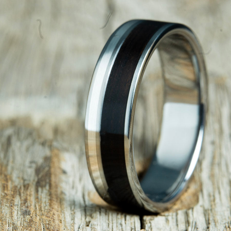 ebony wood and silver pinstripe inlay wedding ring by Peacefield Titanium
